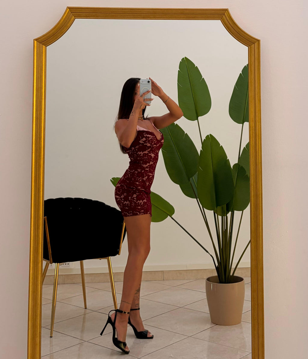 Rose Noir miniabito pizzo floreale bordeaux
