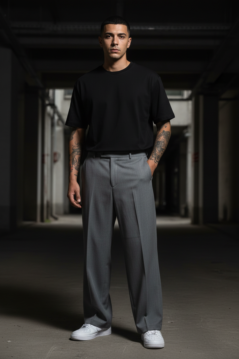Modello con pantalone sartoriale grigio wide leg