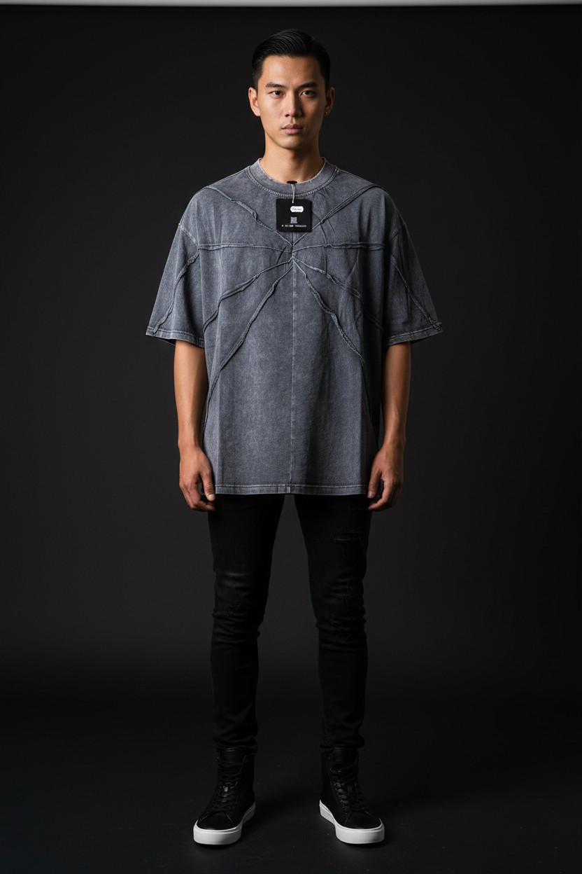 Modello t-shirt acid wash grigio-blu cuciture stella