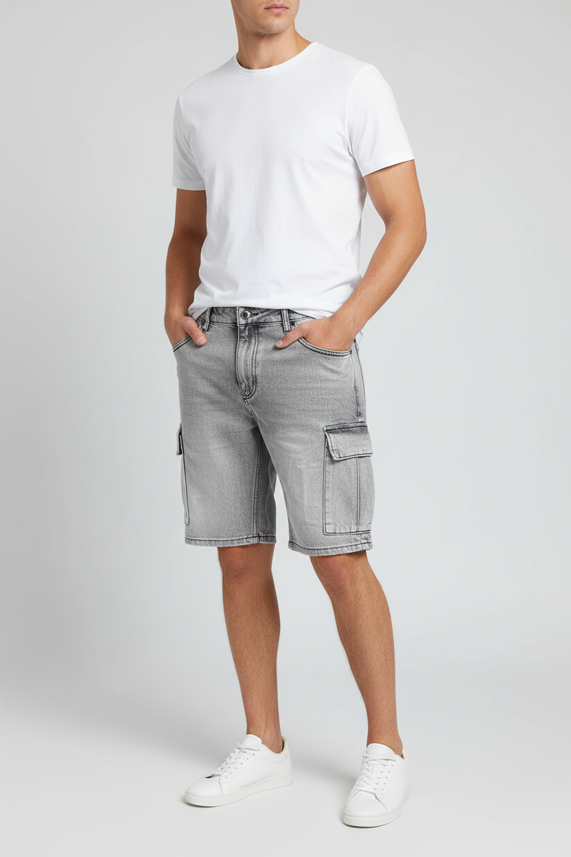 Modello uomo cargo shorts denim grigio acid wash