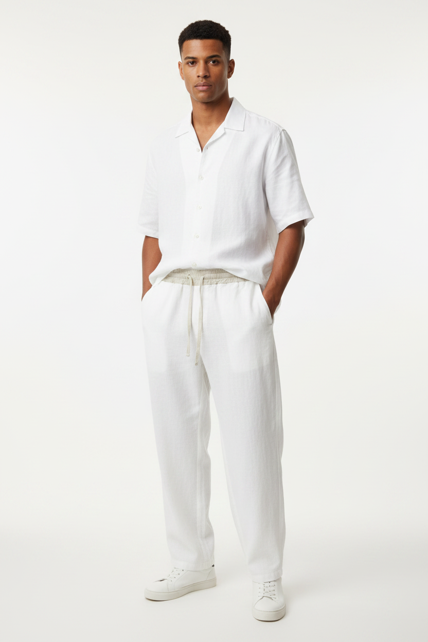 Modello uomo pantaloni lino bianchi
